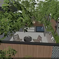Courtyard Garden With Wooden Deck Dining Table Chairs Lush Greenery Water Feature And Fire Pit