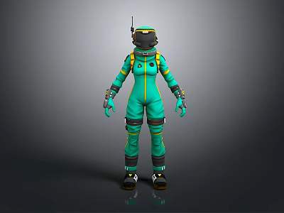 Detailed Green Spacesuit Character With Yellow Stripes Helmet Antenna Standing On Grey Background 3d model