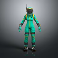 Detailed Green Spacesuit Character With Yellow Stripes Helmet Antenna Standing On Grey Background