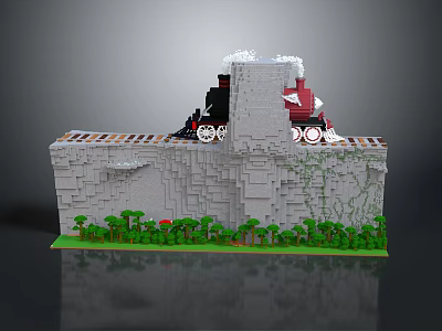 Brick Built Steam Train Moving On Railway Track Along Cliff With Green Plants 3d model