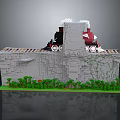 Brick Built Steam Train Moving On Railway Track Along Cliff With Green Plants