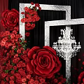 Romantic Photo Spot With Red Roses Silver Frames Crystal Chandelier And Red Curtains