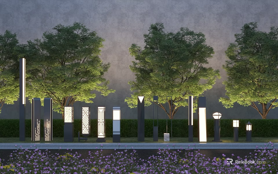 Modern Outdoor Pillar Lights Illuminating Garden With Trees Bushes And Purple Flowers 3d model 