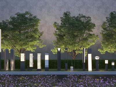 Modern Outdoor Pillar Lights Illuminating Garden With Trees Bushes And Purple Flowers 3d model