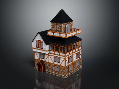 Cartoon Scene Of Two Story House With Black Roof White Walls And Brown Wooden Frames 3d model