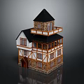 Cartoon Scene Of Two Story House With Black Roof White Walls And Brown Wooden Frames