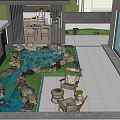 Courtyard Water Fountain with Stones Green Plants and Wooden Leisure Seats