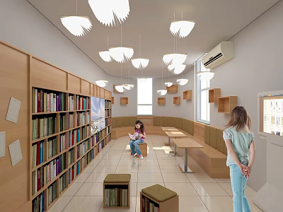 Artistic Book Library Interior With Wooden Bookshelves Hanging Lights Girls Reading Long Tables And Benches 3d model