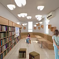 Artistic Book Library Interior With Wooden Bookshelves Hanging Lights Girls Reading Long Tables And Benches