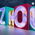 Colorful 3D Neon Letters I Love Suzhou Against Night Sky With Moon