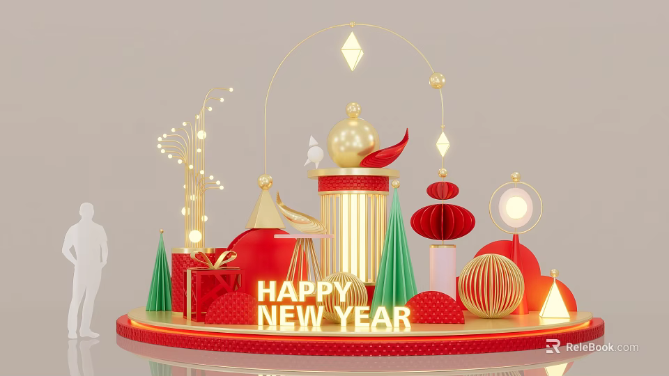 Festive New Year Themed DP Installation With Gold Red Decorations Gifts And Lanterns 3d model 