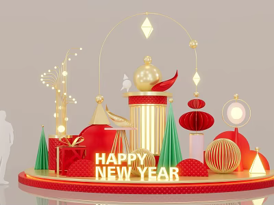 Festive New Year Themed DP Installation With Gold Red Decorations Gifts And Lanterns 3d model