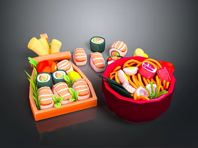 Japanese Food Display With Sushi Rolls Ramen Tempura In Wooden Tray And Bowl 3d model