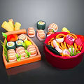 Japanese Food Display With Sushi Rolls Ramen Tempura In Wooden Tray And Bowl