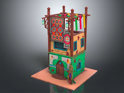 Cartoon Style Two Story Building Scene With Yellow Green Walls Colorful Cloths And Patterned Rug 3d model