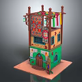 Cartoon Style Two Story Building Scene With Yellow Green Walls Colorful Cloths And Patterned Rug