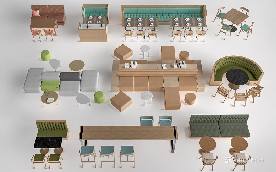 Modern Dining Table Set Combinations With Booth Seating And Various Chair Designs 3d model