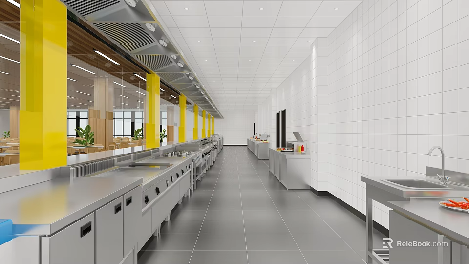 Restaurant Kitchen Interior With Stainless Steel Worktables Yellow Pillars White Tiled Walls And Ventilation System 3d model 