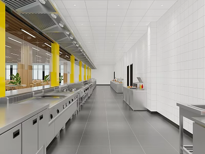 Restaurant Kitchen Interior With Stainless Steel Worktables Yellow Pillars White Tiled Walls And Ventilation System 3d model