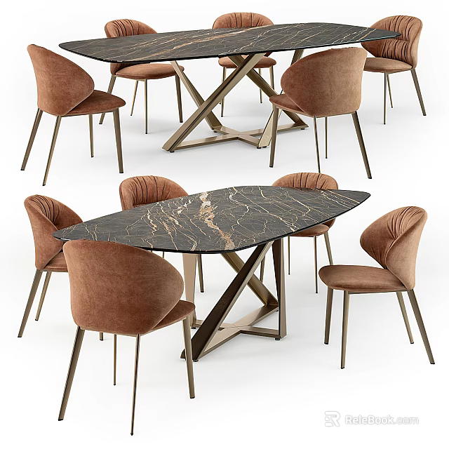Stylish Dining Table And Chairs Set Featuring Black Marble Top And Brown Velvet Chairs 3d model 