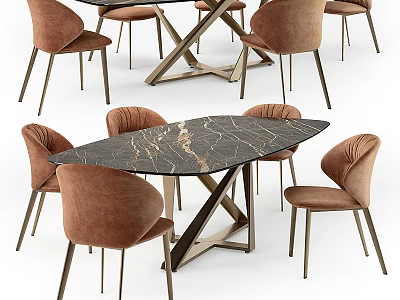 Stylish Dining Table And Chairs Set Featuring Black Marble Top And Brown Velvet Chairs 3d model