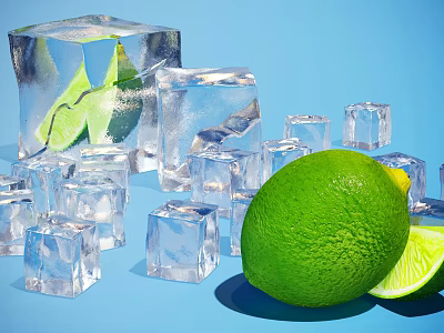 Fresh Green Lime With Sliced Wedge And Ice Cubes On Blue Background 3d model