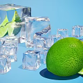 Fresh Green Lime With Sliced Wedge And Ice Cubes On Blue Background