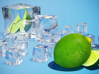 Ice cube lemon lime frozen fruit ice cube combination food fruit 3d model