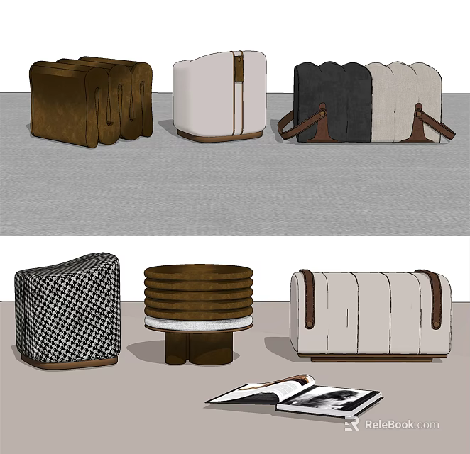 Elegant Functional Ottoman With Leather Accents Checkered Fabric And Stackable Design 3d model 