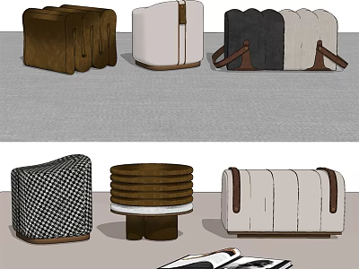 Elegant Functional Ottoman With Leather Accents Checkered Fabric And Stackable Design 3d model