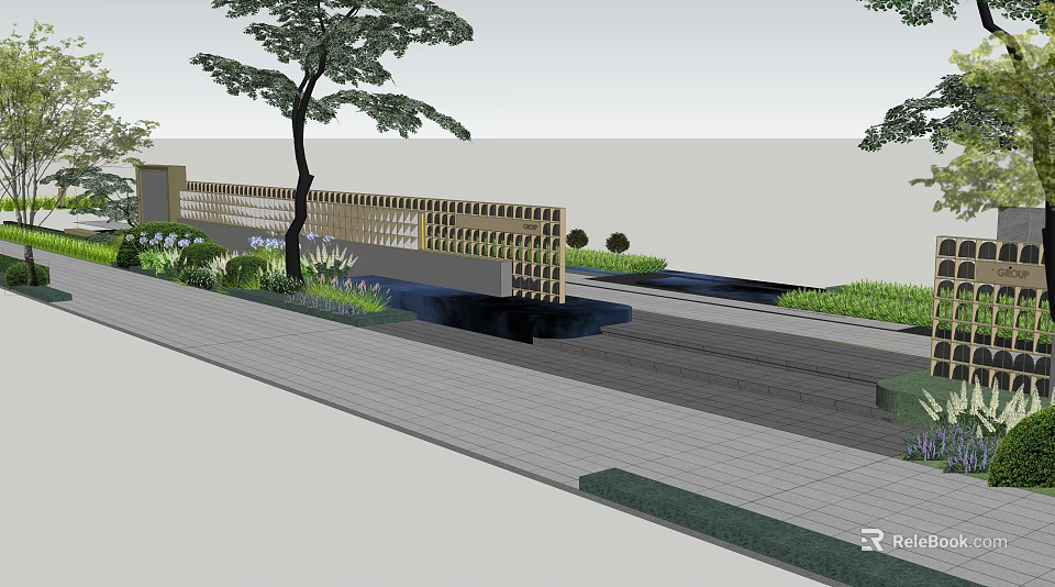 Modern Landscape Wall With Grid Design Trees Greenery And Paved Pathway 3d model
