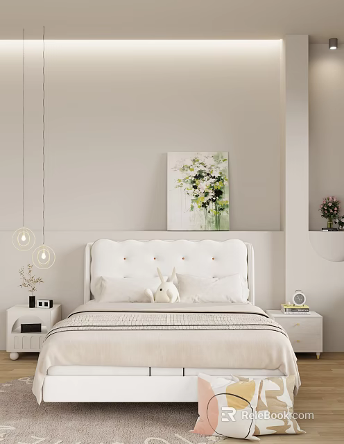 Cozy Kids Bed With White Headboard Rabbit Toy Floral Painting And Pendant Lights 3d model 