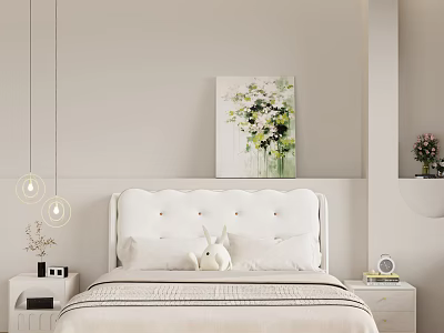 Cozy Kids Bed With White Headboard Rabbit Toy Floral Painting And Pendant Lights 3d model
