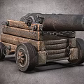 Vintage Metal Cannon With Wooden Carriage Wheels And Cannonballs On Gray Surface
