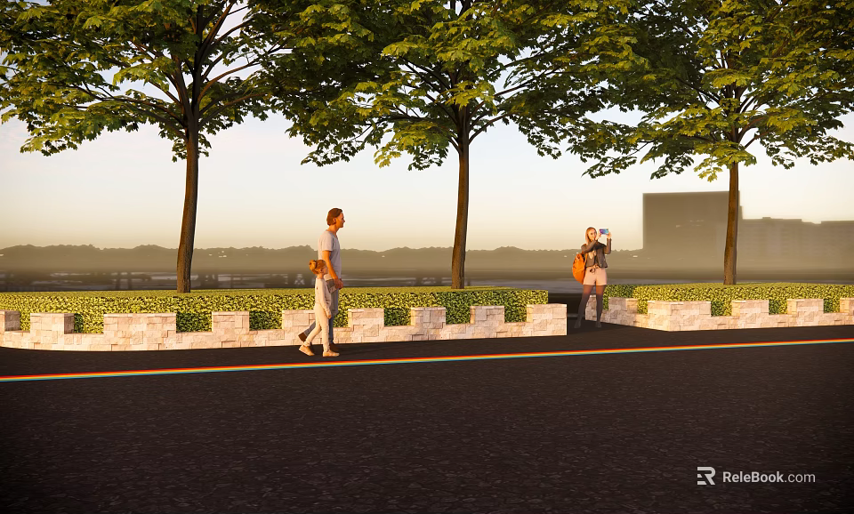 Scenic Landscape Wall Outdoor Scene With Trees People Walking And Green Plants 3d model 