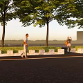 Scenic Landscape Wall Outdoor Scene With Trees People Walking And Green Plants