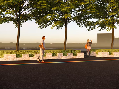 Scenic Landscape Wall Outdoor Scene With Trees People Walking And Green Plants 3d model