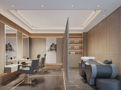 Modern Beauty Hair Salon Interior Design With Styling Chairs Mirrors Wooden Walls And Marble Floor 3d model