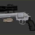 Tactical Silver Metal Revolver With Scope Flashlight And Brown Grip Isolated On Dark Background
