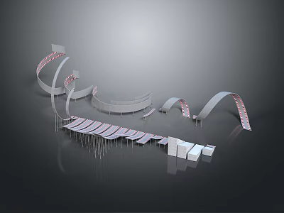 Modern Streamlined 3D Architectural Sculpture With Curved White Structures Red Stripes And Support Columns 3d model