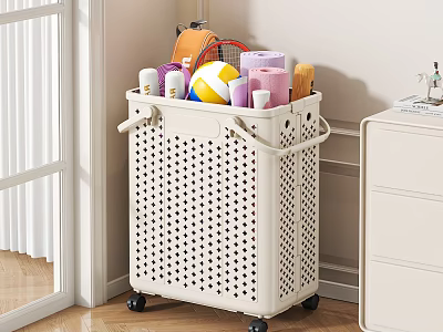White Perforated Storage Basket With Wheels Holding Towels Balls And Toiletries 3d model