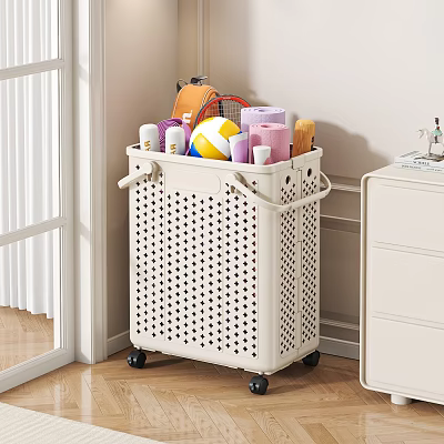 White Perforated Storage Basket With Wheels Holding Towels Balls And Toiletries 3d model