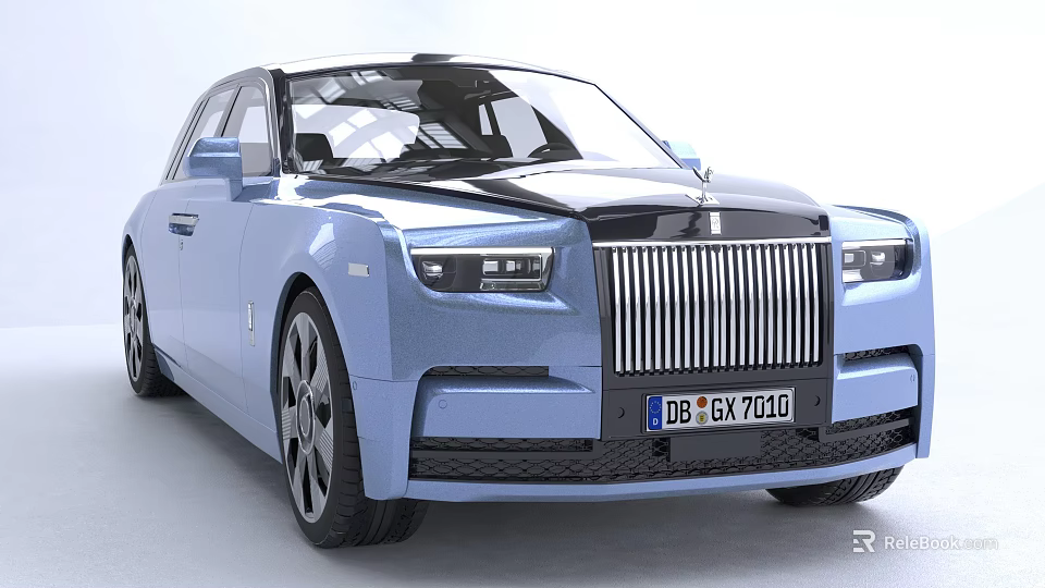 Light Blue Rolls Royce Luxury Car With Grille Headlights And License Plate 3d model 