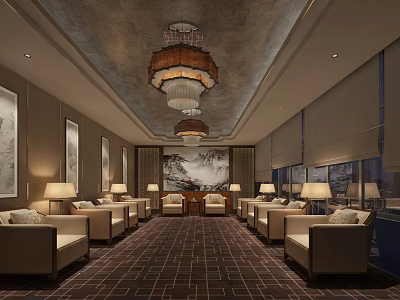 Spacious Hotel Public Lounge With Comfortable Sofas Chandeliers And Decorative Paintings On Patterned Carpet 3d model
