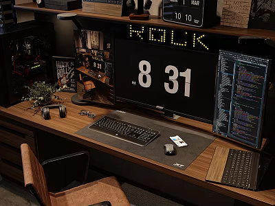Gaming Desk Workstation With Dual Monitors PC Keyboard Mouse Headphones And Clock 3d model