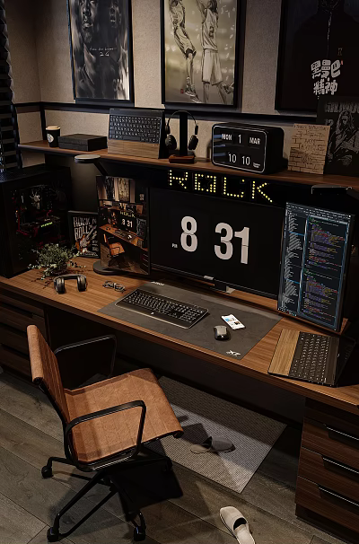 Gaming Desk Workstation With Dual Monitors PC Keyboard Mouse Headphones And Clock 3d model