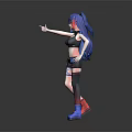 Anime Inspired Game Character With Blue Long Hair Black Crop Top Strappy Shorts And Sneakers
