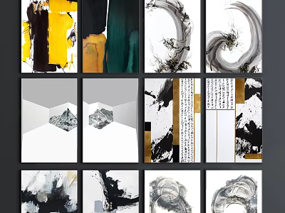Abstract Ink Artworks With Geometric Shapes And Calligraphic Elements In Black Yellow White 3d model