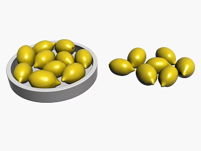 Fresh Ripe Yellow Lemons on White Ceramic Plate and Scattered Nearby 3d model