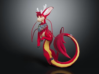 Fantasy Dragon Character Long Ears Red Body White Antlers Colorful Scarf Yellow Tail Standing Pose 3d model